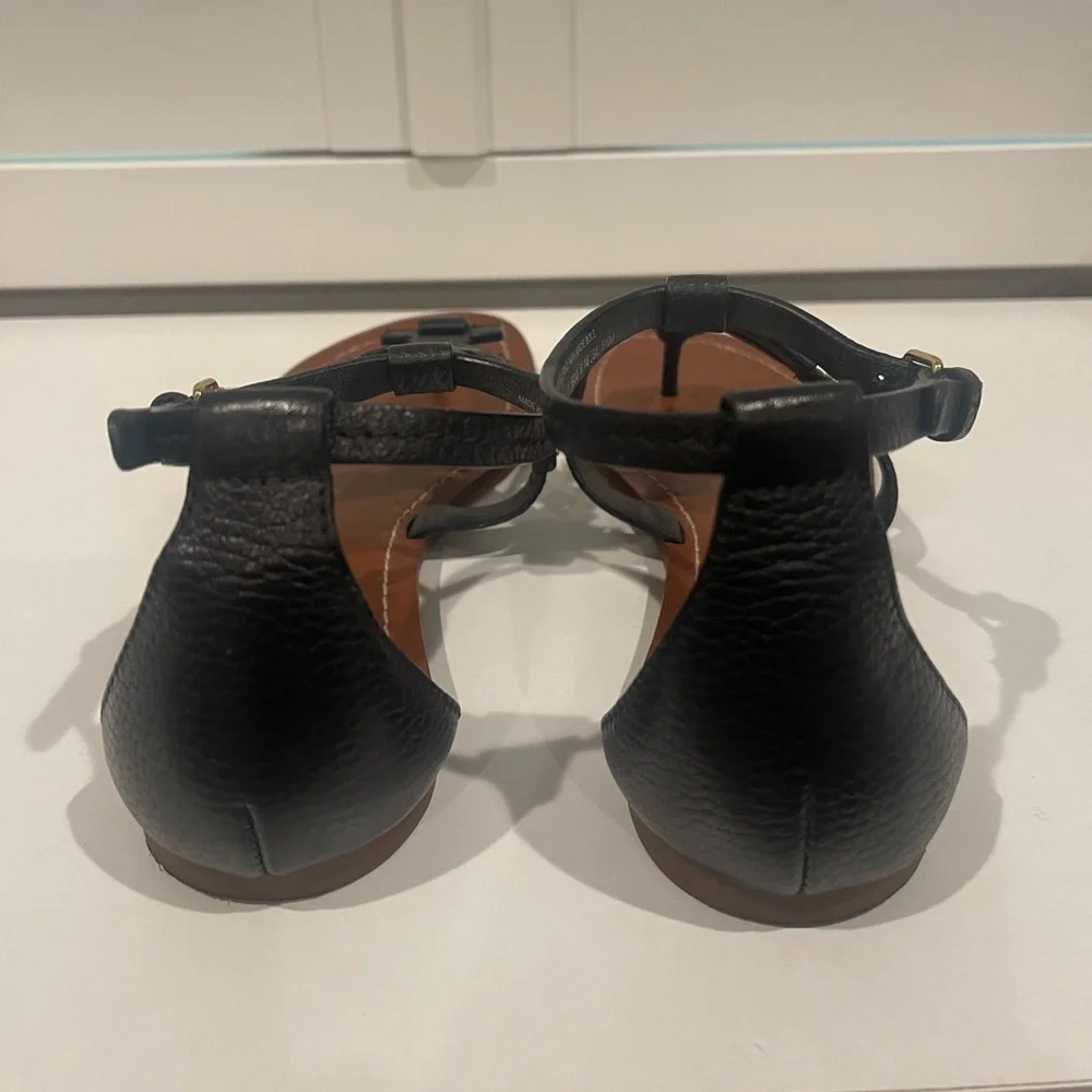 Tory Burch Black Leather T-Strap Logo Sandals with Brown Footbed